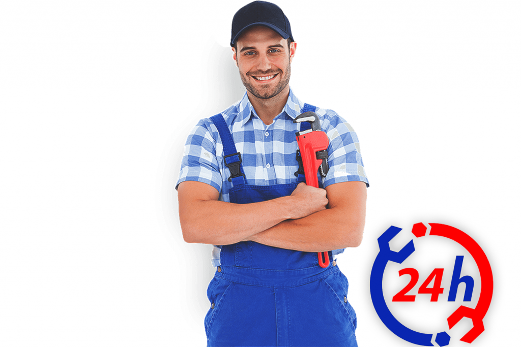 "Lächelnder Handwerker im Blaumann mit Rohrzange und 24-Stunden-Notdienst-Symbol"