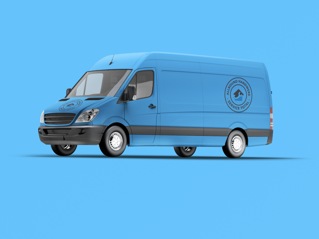 "Blauer Lieferwagen mit Handwerker-Logo für Rohrreinigung"